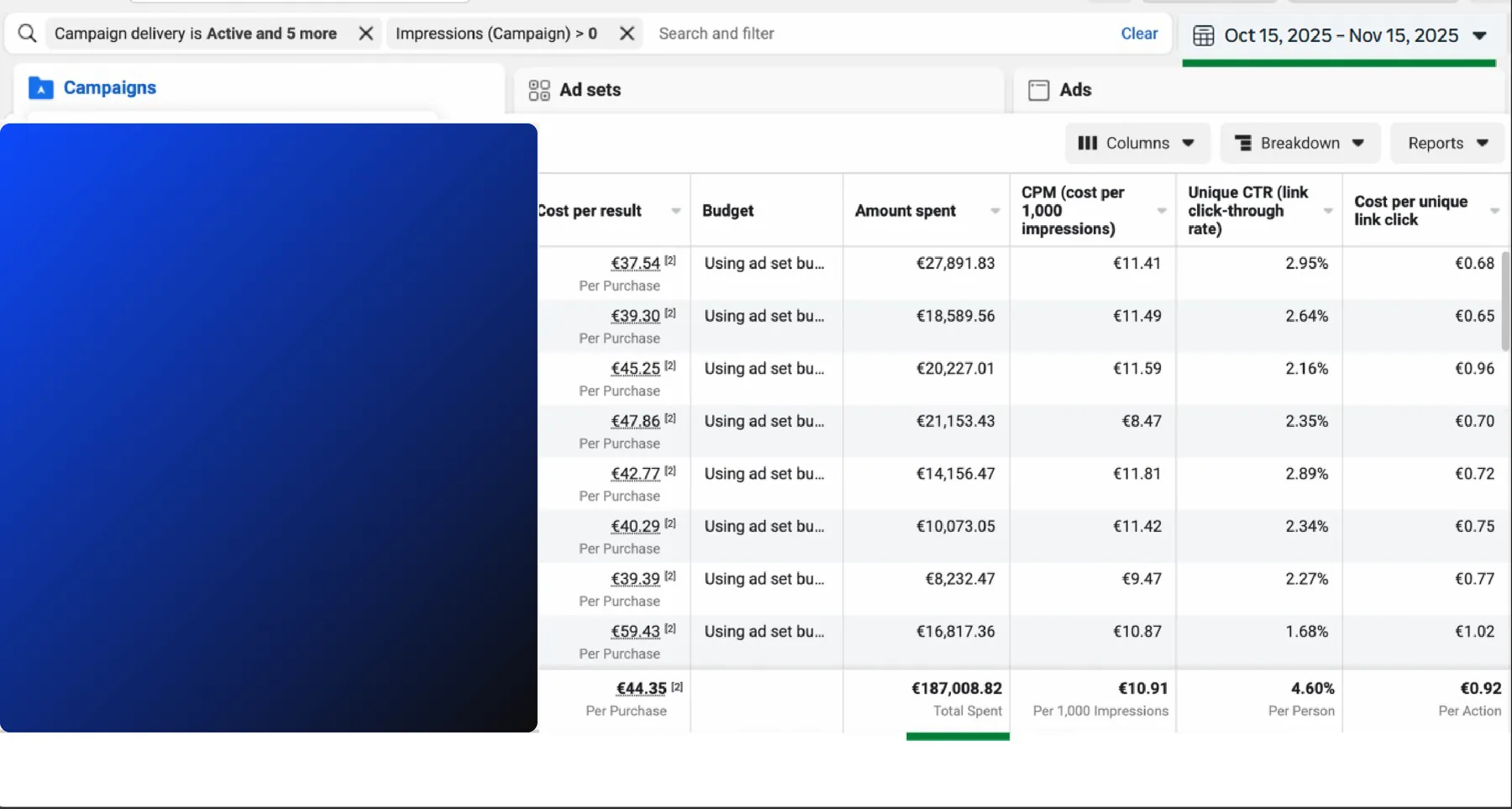 Meta Ads Manager, 15 Oct to 15 Nov 2025: €187,008.82 total spend at €44.35 cost per purchase